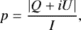 \begin{align*} p &= \frac{|Q&#x002B;iU|}{I}, \end{align*}