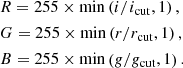 $$ \begin{aligned} \begin{aligned}&R = 255\times \mathrm{min}\left(i/i_{\mathrm{cut} }, 1\right),\\&G = 255\times \mathrm{min}\left(r/r_{\mathrm{cut} }, 1\right),\\&B = 255\times \mathrm{min}\left(g/g_{\mathrm{cut} }, 1\right).\\ \end{aligned} \end{aligned} $$