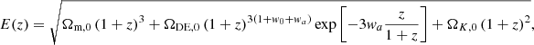 $$ \begin{aligned} E(z) = \sqrt{\Omega _{\text{m} ,0} \left(1+z\right)^3 + \Omega _{\mathrm{DE} ,0}\left(1+z\right)^{3\left(1+w_0+w_a\right)}\exp \left[-3w_a\frac{z}{1+z}\right] + \Omega _{K,0} \left(1+z\right)^2}, \end{aligned} $$