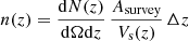 $$ \begin{aligned} n(z) = \frac{\mathrm{d}N(z)}{\mathrm{d}\Omega \mathrm{d}z} \, \frac{A_{\rm survey} }{ V_{\rm s}(z)} \, {\Delta }z \, \end{aligned} $$