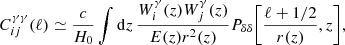 $$ \begin{aligned} C^{\gamma \gamma }_{ij}(\ell ) \simeq \frac{c}{H_0}\int \mathrm{d} z\,{\frac{W_{i}^{\gamma }(z) W_{j}^{\gamma }(z)}{E(z) r^2(z)} P_{\delta \delta }\!\left[ \frac{\ell + 1/2}{r(z)}, z \right] }, \end{aligned} $$