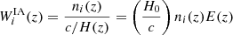 $$ \begin{aligned} W_i^\mathrm{IA}(z) = \frac{n_{i}(z)}{c/H(z)} = \left( \frac{H_0}{c} \right) n_i(z) E(z) \end{aligned} $$