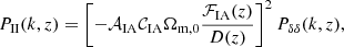 $$ \begin{aligned} P_{\rm I I}(k, z)&= \left[-\mathcal{{A}}_{\rm IA} \mathcal{{C}}_{\rm IA} \Omega _{\mathrm{m},0}\frac{\mathcal{{F}}_{\rm IA}(z)}{D(z)}\right]^2P_{\delta \delta }(k,z), \end{aligned} $$