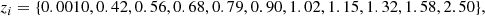 $$ \begin{aligned} z_{i} = \{0.0010, 0.42, 0.56, 0.68, 0.79, 0.90, 1.02, 1.15, 1.32, 1.58, 2.50\}, \end{aligned} $$