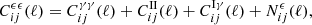 $$ \begin{aligned} C^{\epsilon \epsilon }_{ij}(\ell ) = C^{\gamma \gamma }_{ij}(\ell )+C^\mathrm{II}_{ij}(\ell )+C^\mathrm{I\gamma }_{ij}(\ell )+N^\epsilon _{ij}(\ell ), \end{aligned} $$