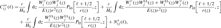 $$ \begin{aligned} C^{\epsilon \epsilon }_{ij}(\ell ) =&\frac{c}{H_0}\int \mathrm{d} z\,{\frac{W_{i}^{\gamma }(z) W_{j}^{\gamma }(z)}{E(z) r^2(z)} P_{\delta \delta }\!\left[ \frac{\ell + 1/2}{r(z)}, z \right] }+ \frac{c}{H_0}\int \mathrm{d} z\,\frac{W_{i}^{\gamma }(z) W_{j}^\mathrm{IA}(z) + W_{i}^\mathrm{IA}(z) W_{j}^{\gamma }(z)}{E(z) r^2(z)} P_{\delta \mathrm{I}}\!\left[ \frac{\ell + 1/2}{r(z)}, z \right]\nonumber \\& + \frac{c}{H_0}\int \mathrm{d} z\,{\frac{W_{i}^\mathrm{IA}(z) W_{j}^\mathrm{IA}(z)}{E(z) r^2(z)} P_\mathrm{II} \!\left[ \frac{\ell + 1/2}{r(z)}, z \right]} +N^\epsilon _{ij}(\ell ), \end{aligned} $$