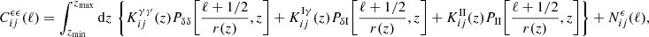 $$ \begin{aligned} C^{\epsilon \epsilon }_{ij}(\ell ) =\int _{z_{\rm min}}^{z_{\rm max}}\mathrm{d}z\,\left\{ K_{ij}^{\gamma \gamma }(z) P_{\delta \delta }\!\left[ \frac{\ell + 1/2}{r(z)}, z \right]+K_{ij}^{\mathrm{I}\gamma }(z) P_{\delta \mathrm{I}}\!\left[ \frac{\ell + 1/2}{r(z)}, z \right] + K_{ij}^\mathrm{I I}(z) P_{\rm I I}\!\left[ \frac{\ell + 1/2}{r(z)}, z \right]\right\} +N^\epsilon _{ij}(\ell ), \end{aligned} $$