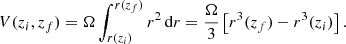 $$ \begin{aligned} V(z_{i},z_{f}) = \Omega \int _{r(z_{i})}^{r(z_{f})} r^2 \,\mathrm{d}r = \frac{\Omega }{3} \left[ r^3(z_{f}) - r^3(z_{i}) \right]. \end{aligned} $$