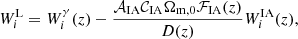 $$ \begin{aligned} W^\mathrm{L}_i=W_i^\gamma (z)-\frac{\mathcal{A} _{\rm IA}\mathcal{C} _{\rm IA}\Omega _{\rm m,0}\mathcal{F} _{\rm IA}(z)}{D(z)}W_i^\mathrm{IA}(z), \end{aligned} $$
