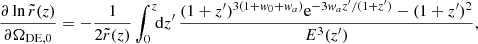 $$ \begin{aligned}&\frac{\partial \ln {\tilde{r}(z)}}{\partial \Omega _{\rm {DE},0}} = - \frac{1}{2 \tilde{r}(z)} \int _{0}^{z}\!\!\mathrm{d}z^\prime \,{\frac{(1 + z^{\prime })^{3(1 + w_0 + w_{ a})} \mathrm{e}^{-3 w_{ a} z^{\prime }/(1 + z^{\prime })} - (1 + z^{\prime })^2}{E^3(z^{\prime })}},\end{aligned} $$