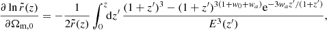 $$ \begin{aligned} \frac{\partial \ln {\tilde{r}(z)}}{\partial \Omega _{\mathrm{m},0}} = - \frac{1}{2 \tilde{r}(z)}\int _{0}^{z}\!\!\mathrm{d}z^\prime \,{\frac{(1 + z^{\prime })^3 - (1 + z^{\prime })^{3(1 + w_0 + w_{ a})} \mathrm{e}^{-3 w_{ a} z^{\prime }/(1 + z^{\prime })}}{E^3(z^{\prime })}}, \end{aligned} $$