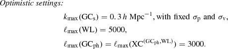 $$ \begin{aligned} \textit{Optimistic settings:} \nonumber \\&k_{\rm max} (\mathrm{GC_{\rm s}}) = 0.3\,h\ \mathrm{Mpc}^{-1}, \mathrm{{with}} \,\, \mathrm{{fixed }} \,\, \sigma _{\rm p} \,\, \mathrm{{and }} \,\, \sigma _{\rm v}, \nonumber \\&\ell _{\rm max}(\mathrm{WL}) = 5000, \nonumber \\&\ell _{\rm max}(\mathrm{GC_{\rm ph}}) = \ell _{\rm max}(\mathrm{XC^{(\mathrm {GC}_{\rm ph},WL)}}) = 3000. \end{aligned} $$