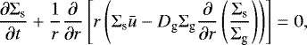 \begin{align*} \frac{\partial \Sigma_{\textrm{s}}}{\partial t} &#x002B; \frac{1}{r} \frac{\partial}{\partial r} \left[ r \left( \Sigma_{\textrm{s}} \bar{u} - D_{\textrm{g}} \Sigma_{\textrm{g}} \frac{\partial}{\partial r} \left( \frac{\Sigma_{\textrm{s}}}{\Sigma_{\textrm{g}}} \right) \right) \right] = 0,\end{align*}