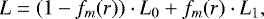 \begin{align*} L = (1-f_m(r)) \cdot L_0 &#x002B; f_m(r) \cdot L_1,\end{align*}