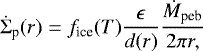 \begin{align*} \dot{\Sigma}_{\text{p}}(r) = f_{\textrm{ice}}(T) \frac{\epsilon}{d(r)} \frac{\dot{M}_{\text{peb}}}{2 \pi r,}\end{align*}