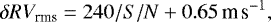 \begin{equation*} \delta RV_{\textrm{rms}} = 240 / S/N + 0.65\,\textrm{m}\,\textrm{s}^{-1}, \end{equation*}