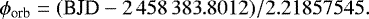 \begin{equation*} \phi_{\textrm{orb}}=(\textrm{BJD}-{2\,458\,383}.8012)/2.21857545. \end{equation*}