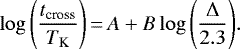 \begin{eqnarray*} \log{\left(\frac{t_{\textrm{cross}}}{T_{\textrm{K}}} \right)} \,{=}\, A+ B\log{\left(\frac{\Delta}{2.3} \right)}.\end{eqnarray*}