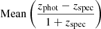 $$ \begin{aligned} \mathrm{Mean} \left(\frac{z_{\rm phot} - z_{\rm spec}}{1+z_{\rm spec}}\right) \end{aligned} $$