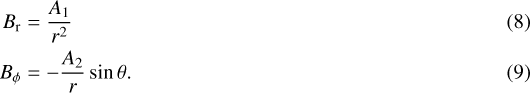 \begin{align*} B_{\textrm{r}} &= \frac{A_{\textrm{1}}}{r^2} \\ B_{\phi} &=-\frac{A_{\textrm{2}}}{r}\sin\theta. \noindent \end{align*}
