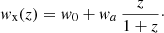 $$ \begin{aligned} { w}_{\rm x}(z) = { w}_0 + { w}_a \,\frac{z}{1+z}\cdot \end{aligned} $$