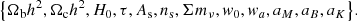$$ \begin{aligned} \big \{ \Omega _{\mathrm{b} }h^2,\Omega _{\mathrm{c} }h^2, H_0, \tau ,A_{\rm s}, n_{\rm s},\Sigma m_\nu , { w}_0,{ w}_a, a_M, a_B,a_K \big \} . \end{aligned} $$
