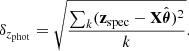 $$ \begin{aligned} \delta _{z_{\rm phot}} = \sqrt{\frac{\sum _{k}(\mathbf z _{\rm spec} - \mathbf X \hat{\boldsymbol{\theta }})^2}{k}} . \end{aligned} $$
