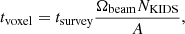 $$ \begin{aligned} t_{\mathrm{voxel} } = t_{\mathrm{survey} } \frac{\Omega _{\mathrm{beam} } N_{\mathrm{KIDS} }}{A}, \end{aligned} $$