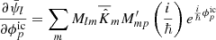$$ \begin{aligned} \frac{\partial \bar{\psi }_l}{\partial \phi ^\mathrm{ic}_p} = \sum _m M_{lm} \overline{\hat{K}}_m M^{\prime }_{mp} \left(\frac{i}{\hbar }\right) e^{\frac{i}{\hbar }\phi _p^\mathrm{ic}} \end{aligned} $$