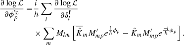 $$ \begin{aligned} \frac{\partial \log \mathcal{L} }{\partial \phi ^\mathrm{ic}_p} =&\frac{i}{\hbar } \sum _l \frac{\partial \log \mathcal{L} }{\partial \delta ^\mathrm{f}_l} \\&\times \sum _{m} M_{lm} \left[ \overline{\hat{K}}_m M^{\prime }_{mp} e^{\frac{i}{\hbar } \phi _p} - \hat{K}_m M^{\prime }_{mp} e^{\frac{-i}{\hbar } \phi _p} \right].\nonumber \end{aligned} $$