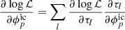 $$ \begin{aligned} \frac{\partial \log \mathcal{L} }{\partial \phi ^\mathrm{ic}_p} = \sum _l \frac{\partial \log \mathcal{L} }{\partial \tau _l} \frac{\partial \tau _l}{\partial \phi ^\mathrm{ic}_p} \end{aligned} $$