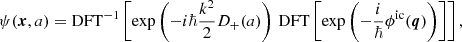 $$ \begin{aligned} \psi (\boldsymbol{x},a) = \mathrm{DFT}^{-1}\left[ \exp \left(-i\hbar \frac{k^2}{2}D_+(a)\right) \,\mathrm{DFT}\left[\exp \left(-\frac{i}{\hbar }\phi ^\mathrm{ic}(\boldsymbol{q})\right)\right]\right], \end{aligned} $$