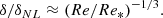 $$ \begin{aligned} \delta / \delta _{NL} \approx (Re/Re_*)^{-1/3}. \end{aligned} $$