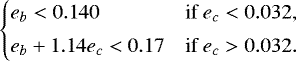 \begin{equation*} \begin{cases}e_{b} < 0.140 & \textrm{if}\ e_{c} < 0.032, \\[3pt] e_{b} &#x002B; 1.14e_{c} < 0.17 & \textrm{if}\ e_{c} > 0.032. \end{cases} \end{equation*}