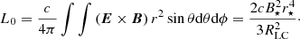 $$ \begin{aligned} L_{0}=\frac{c}{4\pi }\int \int \left(\boldsymbol{E}\times \boldsymbol{B}\right)r^2\sin \theta \mathrm{d}\theta \mathrm{d}\phi =\frac{2cB^2_{\star }r^4_{\star }}{3R^2_{\rm LC}}\cdot \end{aligned} $$