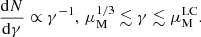 $$ \begin{aligned} \frac{\mathrm{d}N}{\mathrm{d}\gamma }\propto \gamma ^{-1},\,\mu ^{1/3}_{\rm M}\lesssim \gamma \lesssim \mu ^\mathrm{LC}_{\rm M}. \end{aligned} $$