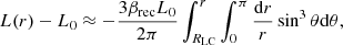 $$ \begin{aligned} L(r)-L_0\approx -\frac{3\beta _{\rm rec}L_0}{2\pi }\int _{R_{\rm LC}}^r\int _0^{\pi }\frac{\mathrm{d}r}{r}\sin ^3\theta \mathrm{d}\theta , \end{aligned} $$