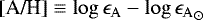 ${[\textrm{A/H}]}\equiv{\log{\epsilon_{\mathrm{A}}}}-{\log{\epsilon_{\mathrm{A}}}}_{\odot}$