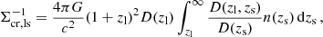$$ \begin{aligned} \Sigma _{\mathrm{cr, ls} }^{-1}=\frac{4\pi G}{c^2} (1+ z_{\rm l})^{2} D(z_{\mathrm{l} }) \int _{z_{\mathrm{l} }}^{\infty } \frac{D(z_{\mathrm{l} },z_{\mathrm{s} })}{D(z_{\mathrm{s} })}n(z_{\mathrm{s} })\, \mathrm{d} z_{\mathrm{s} } \, , \end{aligned} $$