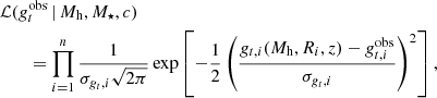 $$ \begin{aligned}&\mathcal{L} (g_{{t}}^{\mathrm{obs} } \, \vert \, M_{\mathrm{h}}, M_{\star }, c) \\ \nonumber&\qquad = \prod _{i=1}^{n} \frac{1}{\sigma _{g_{{t}}, i} \sqrt{2 \pi }} \exp \left[-\frac{1}{2} \left(\frac{g_{{t}, i} (M_{\mathrm{h}}, R_{i}, z) - g_{{t}, i}^{\mathrm{obs} }}{\sigma _{g_{{t}}, i}}\right)^{2} \right], \end{aligned} $$