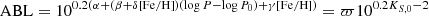 $$ \begin{aligned}&\mathrm{ABL}=10^{0.2(\alpha +(\beta +\delta \mathrm{[Fe/H])}(\log P- \log P_0) +\gamma \mathrm{[Fe/H]})}=\varpi 10^{0.2K_{S,0}-2} \end{aligned} $$