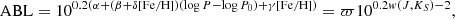 $$ \begin{aligned}&\mathrm{ABL}=10^{0.2(\alpha +(\beta +\delta \mathrm{[Fe/H])}(\log P-\log P_0) +\gamma \mathrm{[Fe/H]})}=\varpi 10^{0.2{ w}(J,K_S)-2} , \end{aligned} $$