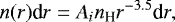 \begin{equation*} n(r)\textrm{d}r=A_{i}n_{\textrm{H}}r^{-3.5}\textrm{d}r, \end{equation*}