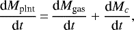 \begin{align*} \frac{\textrm{d}M_{\textrm{plnt}}}{\textrm{d}t}\,{=}\,\frac{\textrm{d}M_{\textrm{gas}}}{\textrm{d}t} + \frac{\textrm{d}M_c}{\textrm{d}t}, \end{align*}