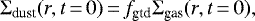 \begin{align*} \Sigma_{\textrm{dust}}(r,t\,{=}\,0)\,{=}\,f_{\textrm{gtd}}\Sigma_{\textrm{gas}}(r,t\,{=}\,0), \end{align*}