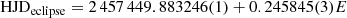 $$ \begin{aligned} \mathrm{HJD} _\mathrm{eclipse} =2\,457\,449.883246(1) + 0.245845(3) E \end{aligned} $$