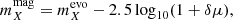 $$ \begin{aligned} {m}^\mathrm{mag}_{X} = {m}^\mathrm{evo}_{X} - 2.5 \log _{10}(1 + \delta \mu ), \end{aligned} $$