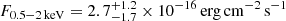 $ F_{0.5{-}2\,\mathrm{keV}}=2.7_{-1.7}^{+1.2}\times10^{-16}\,\mathrm{erg\,cm^{-2}\,s^{-1}} $