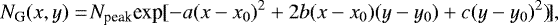 \begin{equation*} N_{\textrm{G}}(x,y) = \!N_{\textrm{peak}}\textrm{exp}[-a(x-x_{0})^{2}+2b(x-x_{0})(y-y_{0})+c(y-y_{0})^{2})\!],\end{equation*}