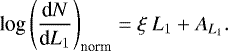 \begin{equation*} \textrm{log}\left(\frac{\textrm{d}N}{\textrm{d}L_{1}}\right)_{\textrm{norm}} = \xi~L_{1}+A_{L_{1}}.\end{equation*}